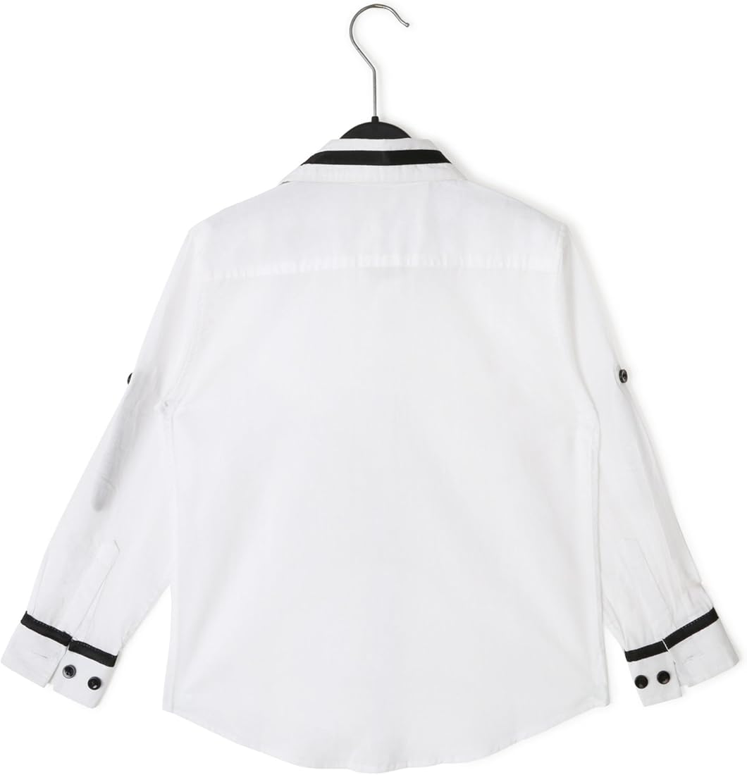 Silver Thread Solid Button Front Long Sleeve White Shirt for Boys