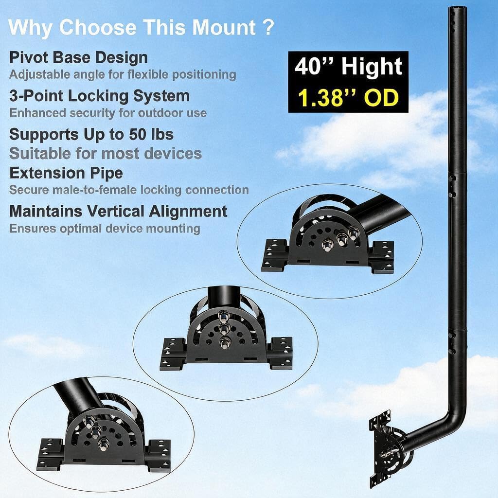40" Antenna Mounting Pole, Wall Mount with Adjustable Pivot Base