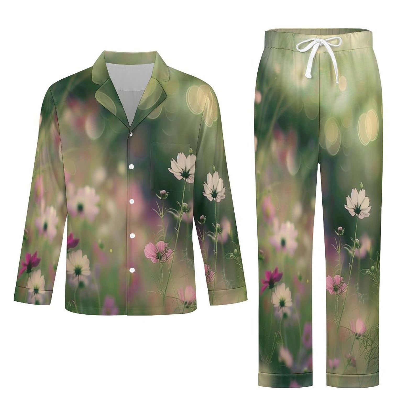 OLEETS Completo Pigiama da Uomo 2 Pezzi - Paesaggio Floreale Completo da Notte Pantaloni Caldo Invernale Comodo con Tasche Top Morbido E Ampio 2 Pezzi