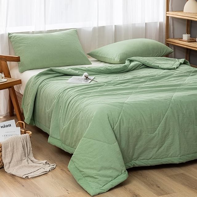 NTCOCO Summer Lightweight Comforter Set,Thin Quilt,100% Washed Cotton,Machine Washable,Soft Comfy Breathable Can Sleep Naked(Queen,Apple Green