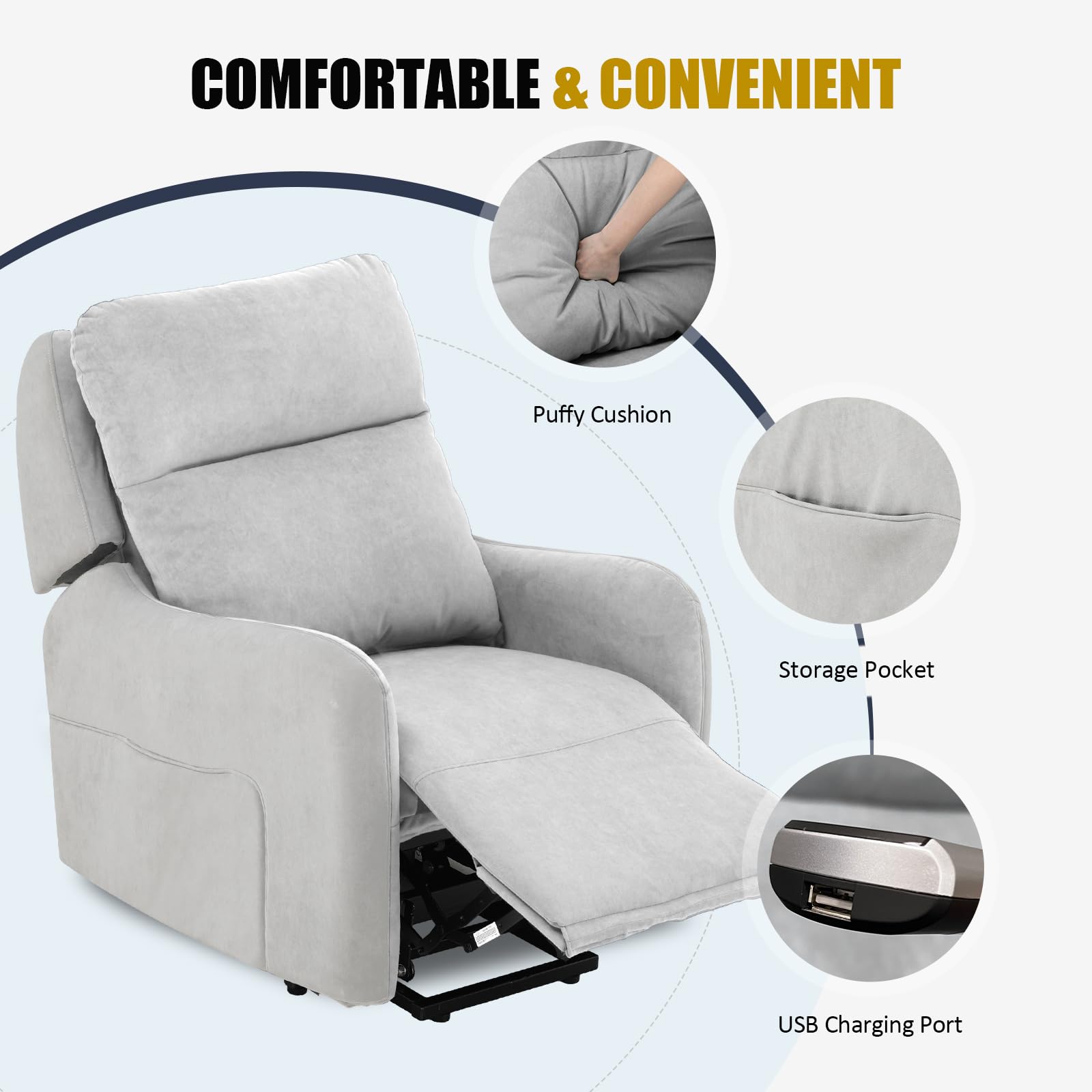 COMHOMA Poltrona relax elettrica con Power Lift, con funzione massaggio SL, poltrona relax, telecomando, con porta USB per anziani, schienale rimovibile, tessuto grigio