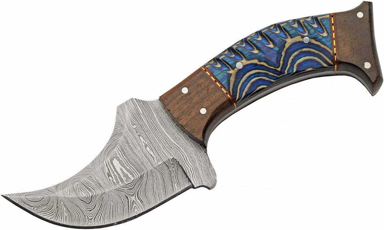 SANZ Damascus Rhino Hunting Knife 8 Inch - Blue Camping Knife with Wood Handle, Full Tang Blade & Sheath for Hunting, Camping & Outdoor uses for Men