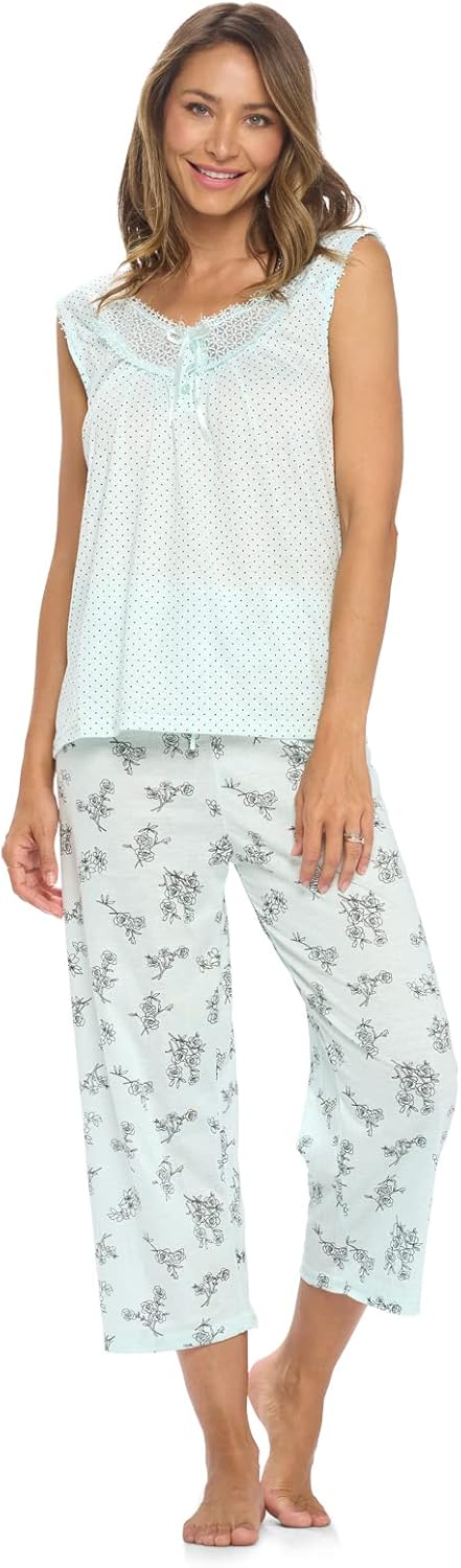 Casual Nights Women's Lace Sleeveless Top and Capri Bottom Sleepwear Pajama Set