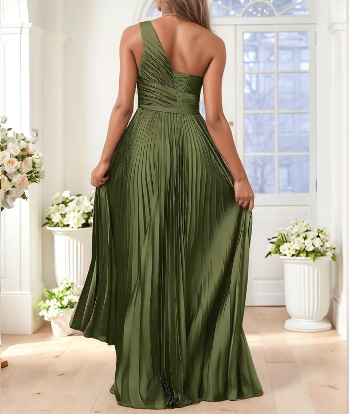 TSBRIDAL One Shoulder Pleated Bridesmaid Dress for Women Satin A Line Ruched High Low Formal Party Dresses