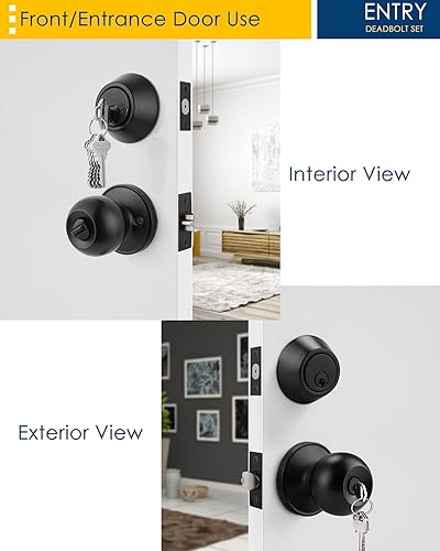 Miniatura 4 de Juego de cerradura de puerta de entrada con llave negra plana y cerrojo de doble cilindro, con llave similar, cerraduras de puerta para puerta