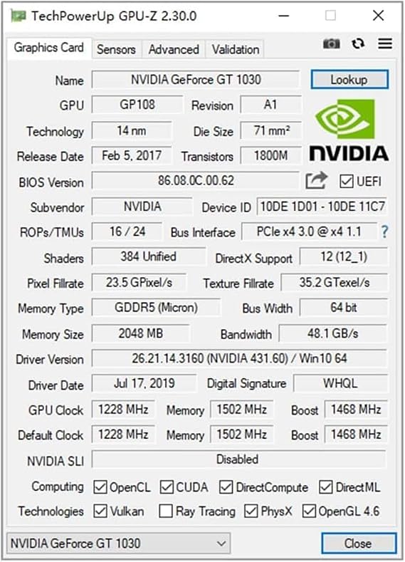 GT 1030 2GB Graphics Card GDDR5 64-Bit | Native HDMIx2,PCI-e 3.0 x4 Compatible x8 x16,DirectX 12 HDCP 2.2