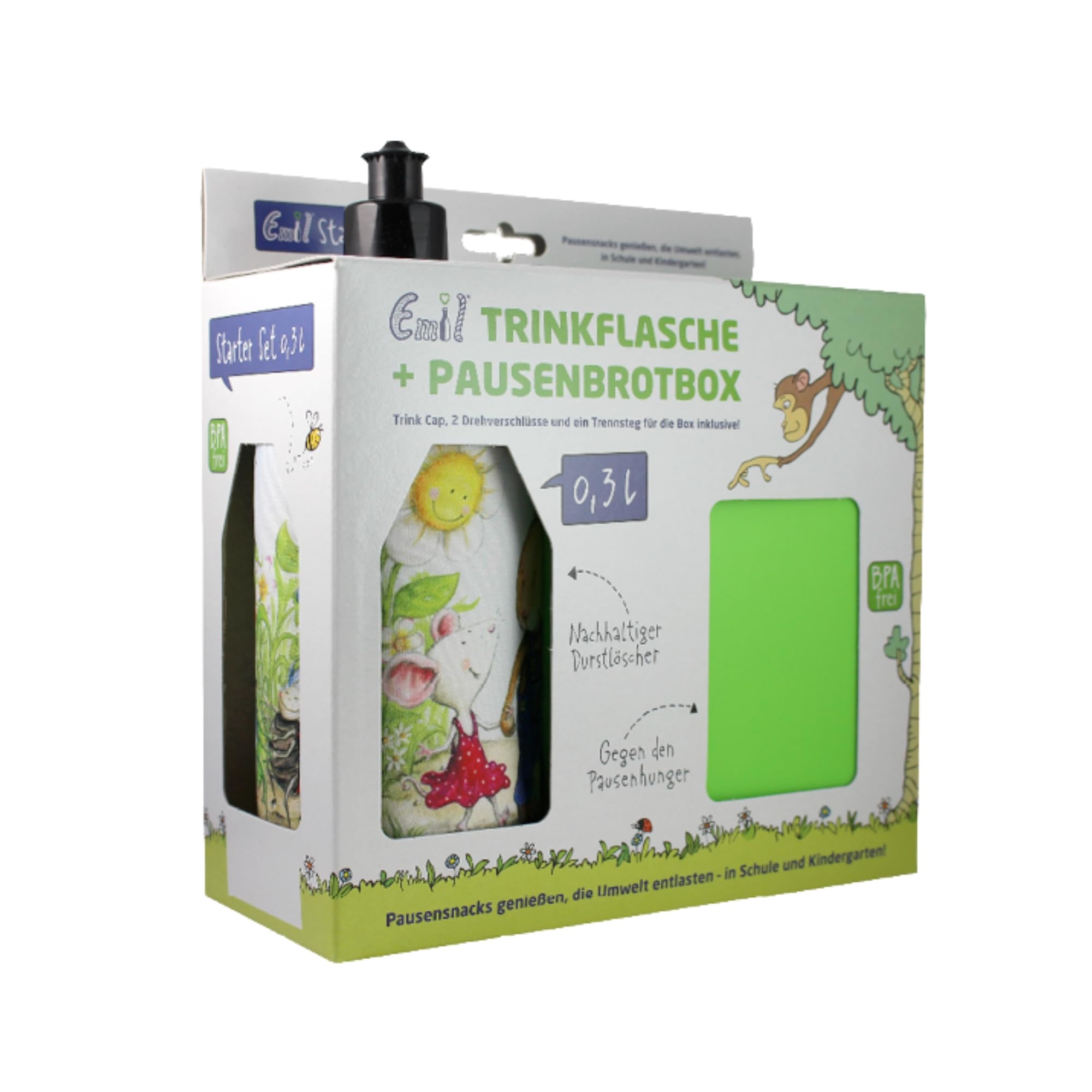 Emil Trinkflasche aus Glas inkl. Brotbox & Ersatzverschlüsse – Starterset zur Einschulung - BPA-frei & schadstofffrei, isolierend – Ziehverschluss für Wasser, Saft & Milch – Friends (0,3l)