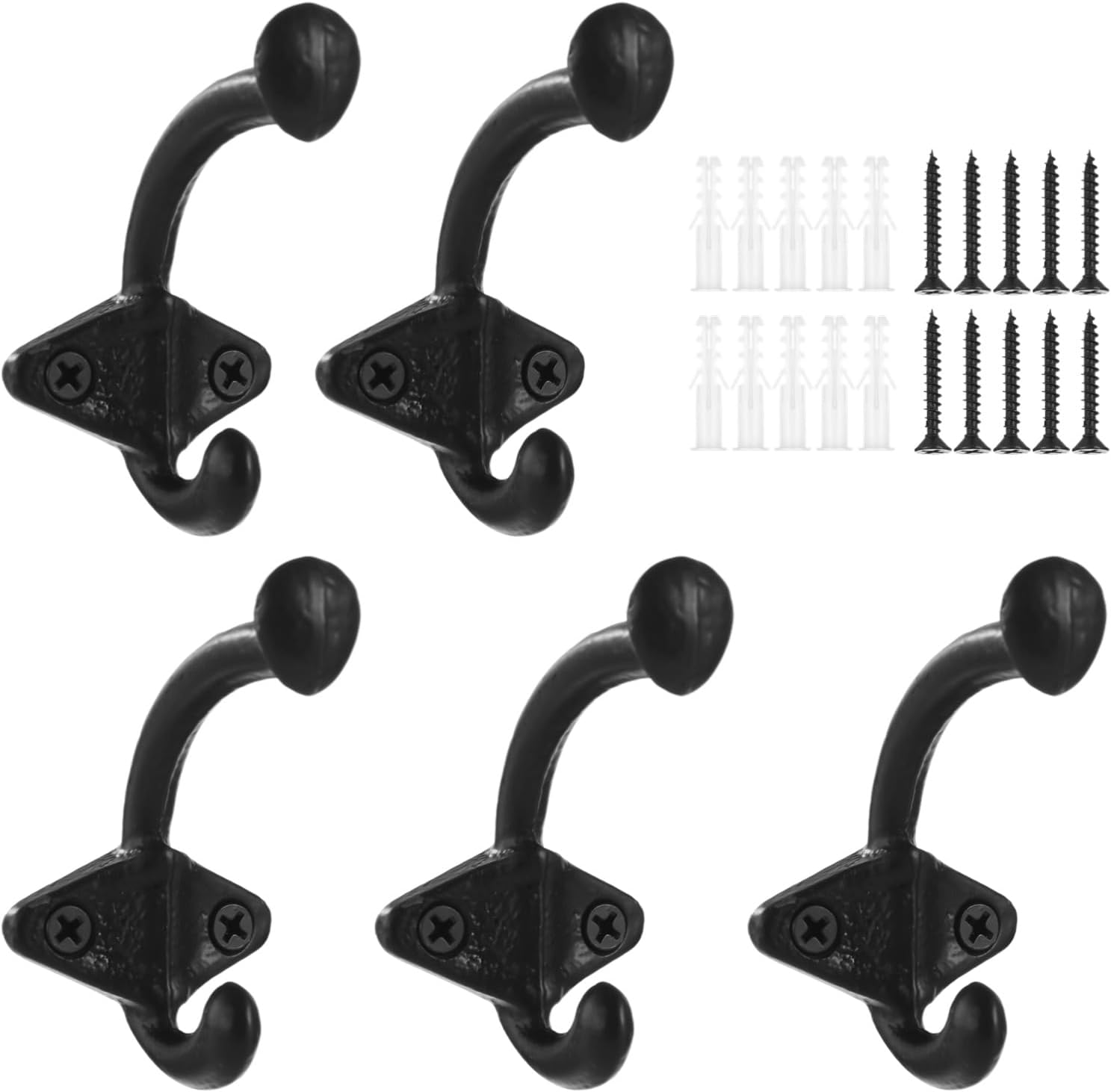 5 PCS Vintage Coat Hooks, Rustic Metal Wall Hooks, Farmhouse Wall Hangers with Screws, Black Iron Hooks for Coats Hats Bags Towels, Entryway Bathroom Kitchen