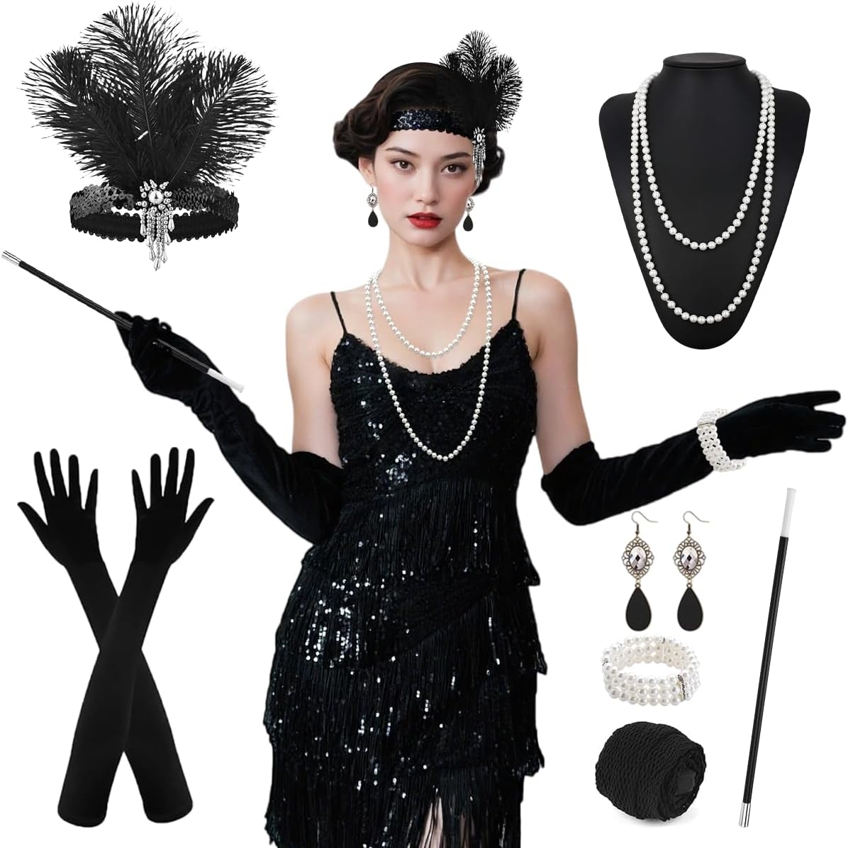 1920s Dresses for Women, V Neck Gatsby Flapper Dress with Sequin Fringe