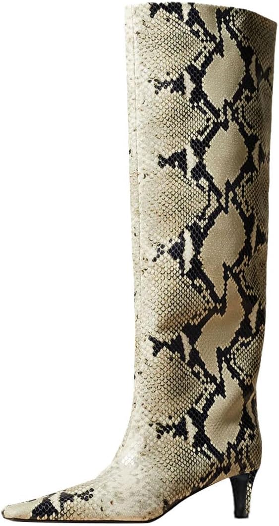 miss left Women Stretchy Knee High Boots Closed Square Toe Low Kitten Heel Fall Winter Wide Calf Boots Party Dress Long Boots Size 4-16 US