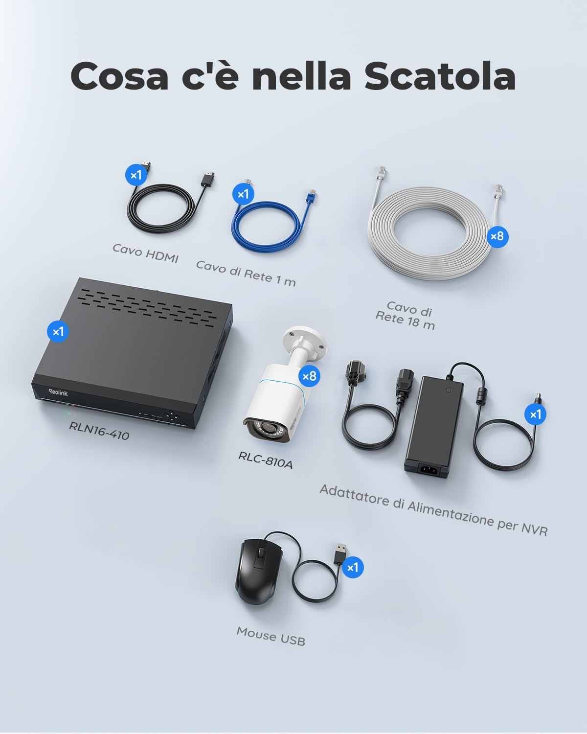 Reolink 4K PoE Kit Telecamere Videosorveglianza, Rilevamento di Uomo/Veicolo, NVR 16CH 4TB + 8x Telecamere da Esterno, Impermeabile IP67, Visione Notturna IR a 30m, Espandibile a 16TB, RLK16-800B8