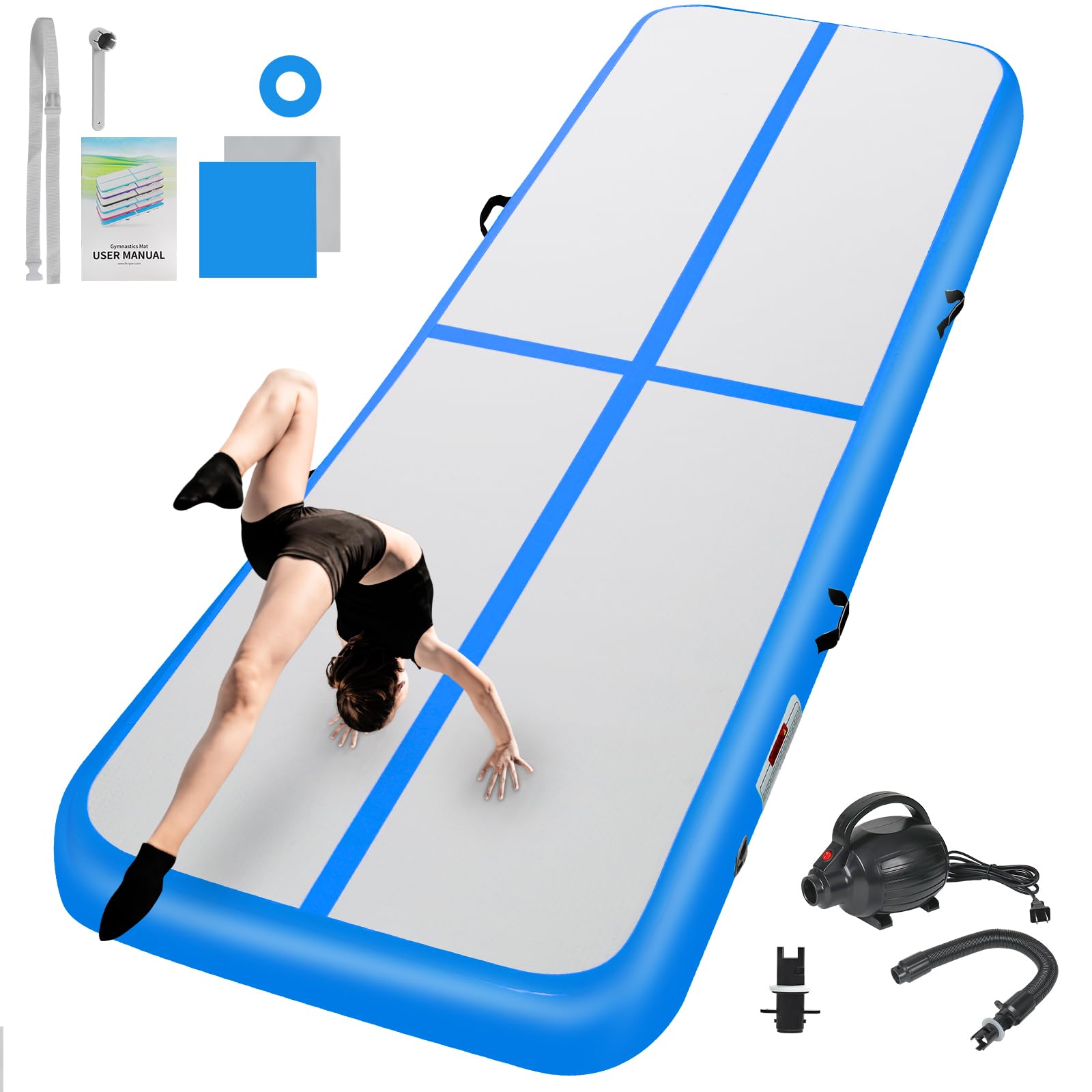 Inflatable Gymnastics Mat 10ft/13ft/16ft/20ft/ Air Tumbling Track Mats 4/8 inches Thick for Home Use/Training/Cheerleading/Yoga/Water with Pump