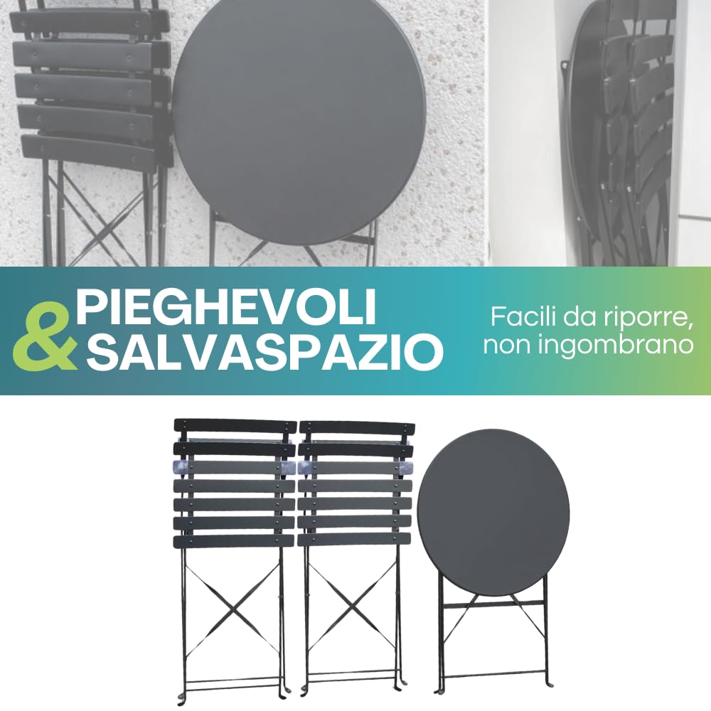 PALUPLUS Set da Bistrot 3 Pezzi, Tavolo TONDO Pieghevole 60x71 cm, 2 Sedie in Metallo 41x46x90 cm, per Balcone e Giardino, Design Retrò e Salvaspazio -7155F-15,8 (Grigio Antracite)