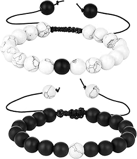طقم اساور حظاظات من حجر الهولايت والعقيق بلون اسود غير لامع للنساء والرجال متوافقة وبخرز الطاقة للصديق والصديقة والمحبين قطعتين