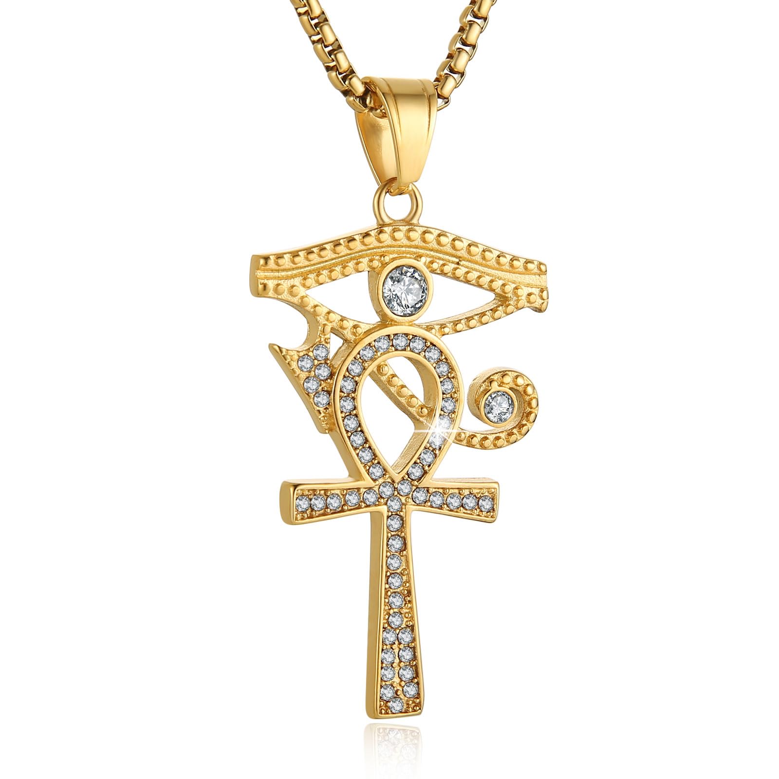 AsAlways 14K Gold Plated Anka Cross Eye of Horus Necklace for Men Stainless Steel Inlay CZ Hip Hop Ancient Egypt Pendant Necklace Jewelry Gift