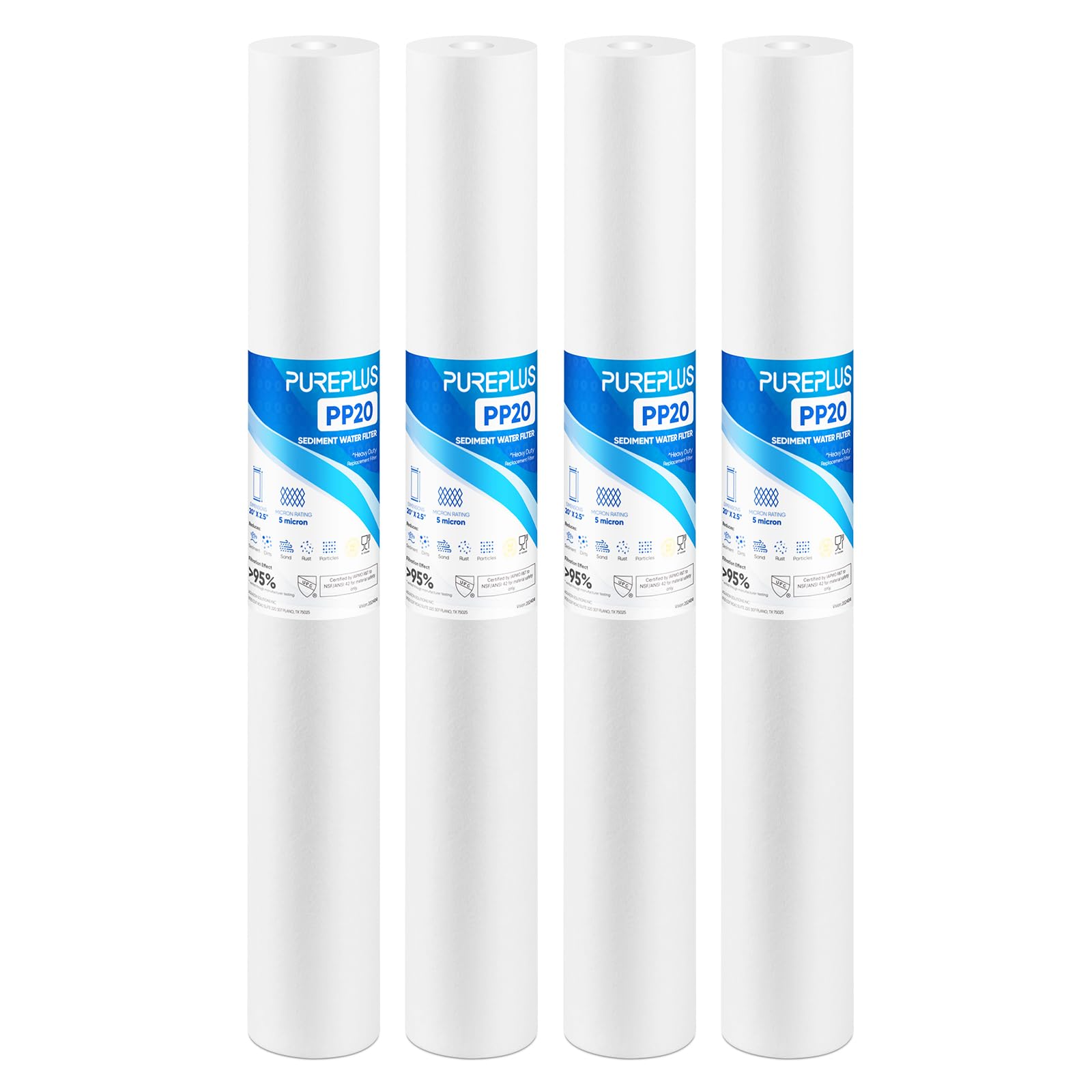 PUREPLUS Cartuccia di ricambio per filtro dell'acqua per sedimenti domestici da 5 micron, 50,8 x 6,3 cm, pre-filtrazione per sedimenti, confezione da 4