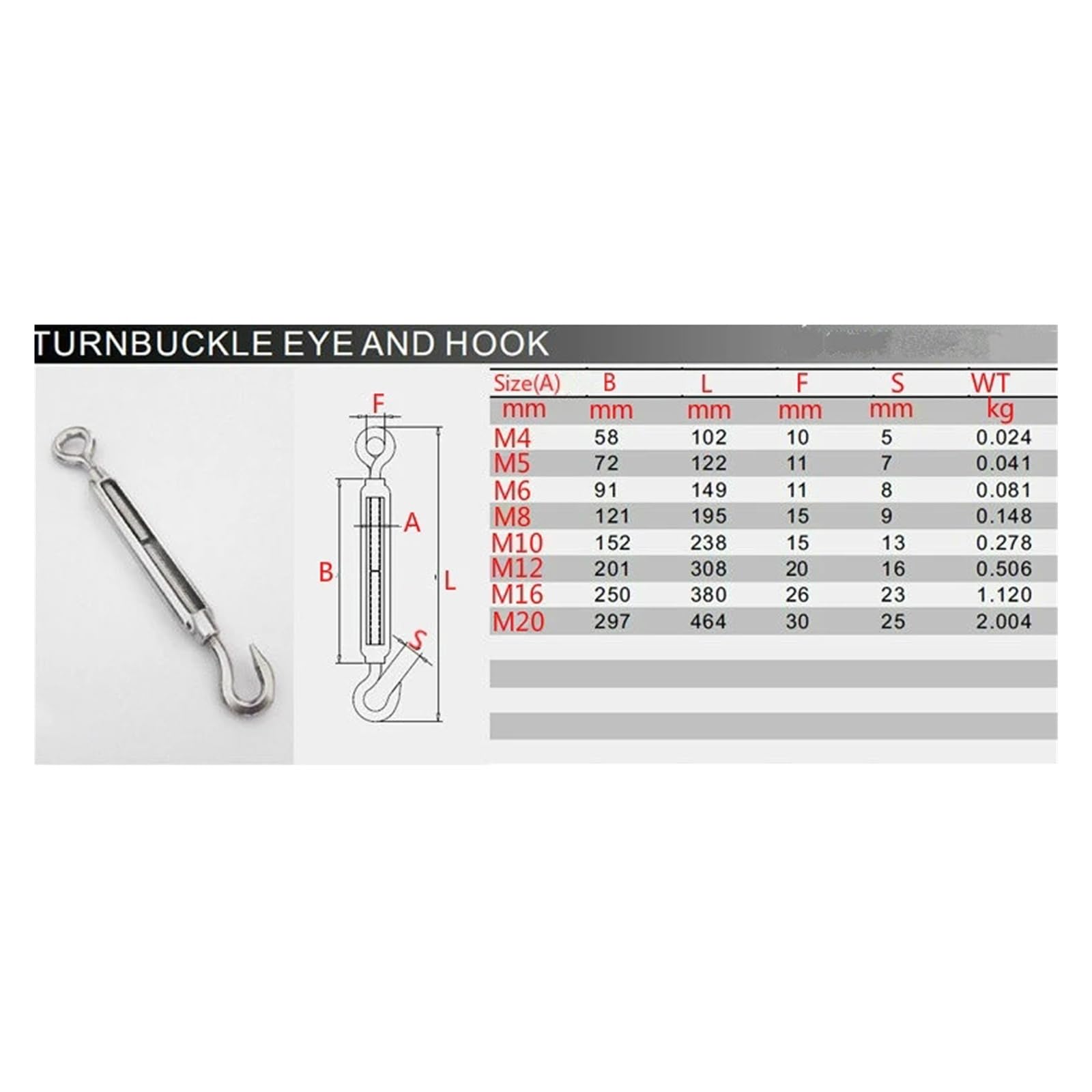 Tensor de acero inoxidable con ojo y ojo, Tensor de cable de acero inoxidable 304 M4-M12 con gancho y ojo, tensión de cable 10/4/2 piezas(M12 2pcs)