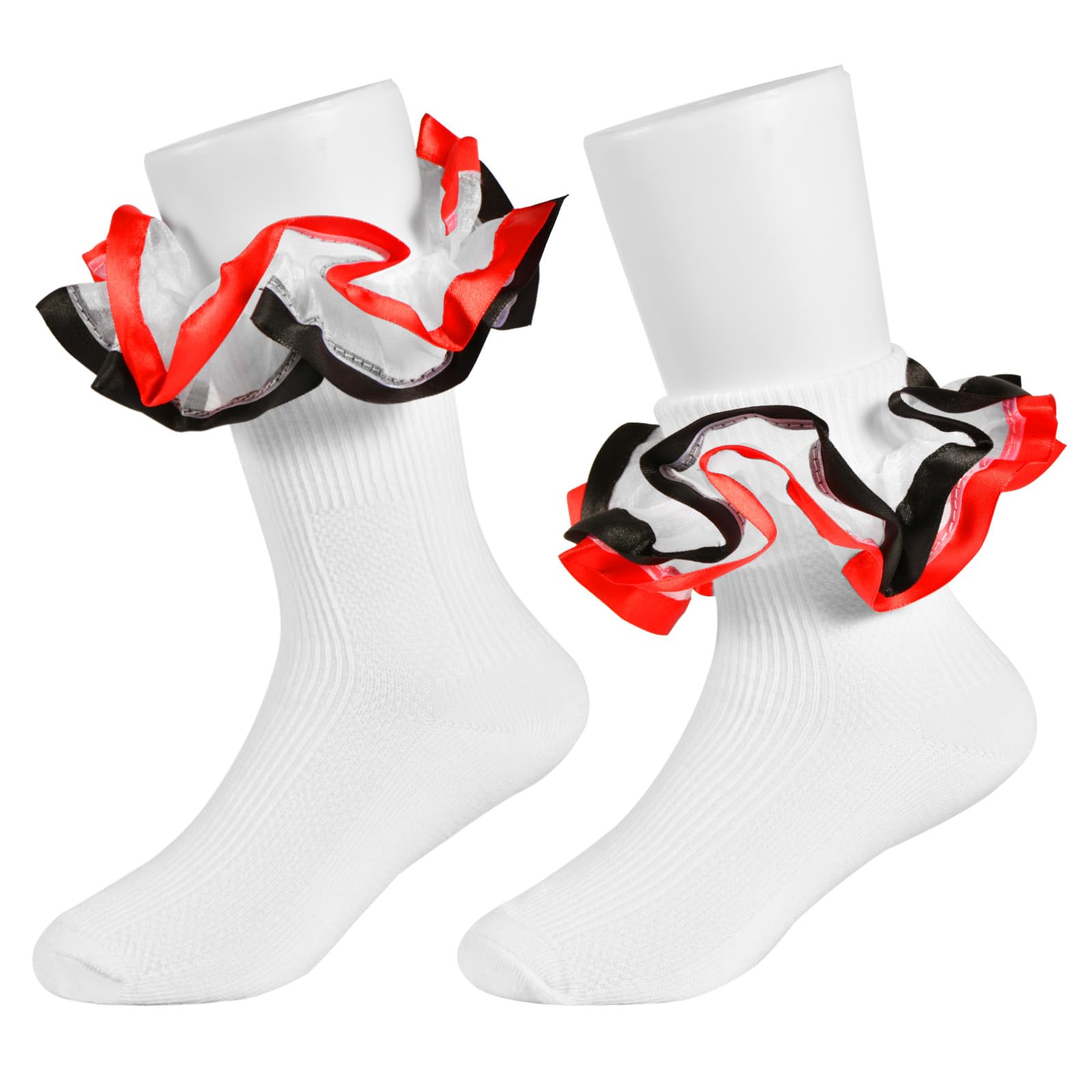 Photo 1 of WBZOTSS Toddler Girls Two Tone Lace Ruffle Socks, Double Turn Cuff Frilly Fancy Dress Socks for Baby Girls Sizes 1T-3T, 4T-6T, 6-8T (US, Age, 1 Year, 3 Years, Red/Black)