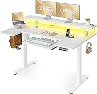 OffiGo 55" U-Shaped Electric Standing Desk with Keyboard Tray, Height Adjustable Sit-Stand Workstation, Power Outlets, LED Lights & Monitor Stand, White