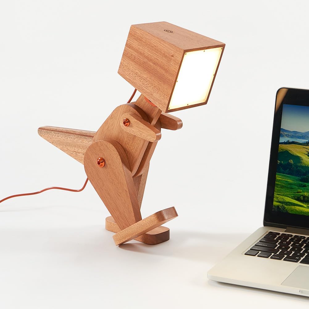 Novelty Cool Wood Dinosaur Table Lamp for Bedroom, Kids Room, Bedside - 3 Levels Dimmable Touch Switch Adjustable Robot Design Natural Finish Desk Light for Living Office Dorm Farmhouse (Brown)