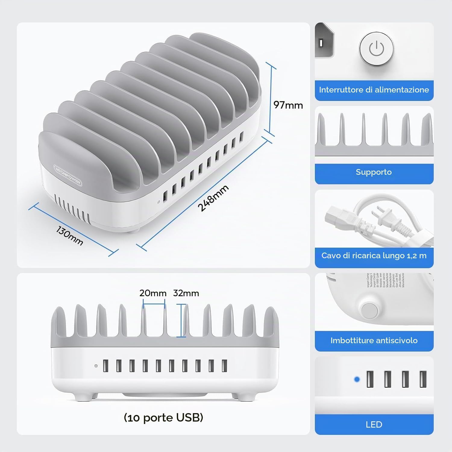 Stazione di Ricarica NTONPOWER con 10 Porte USB, per 10 Tablet e Smartphon, Caricatore Multi USB da 120W, Per Contenere più Componenti Elettronici e Organizzare la Scrivania - Grigio