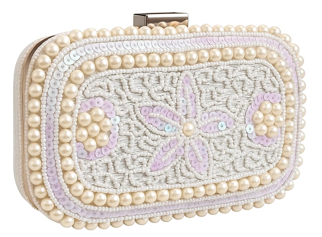Pearl Beaded Evening Clutch, White, Sequin Floral Design, Elegant Bridal Wedding Party Purse-image-27