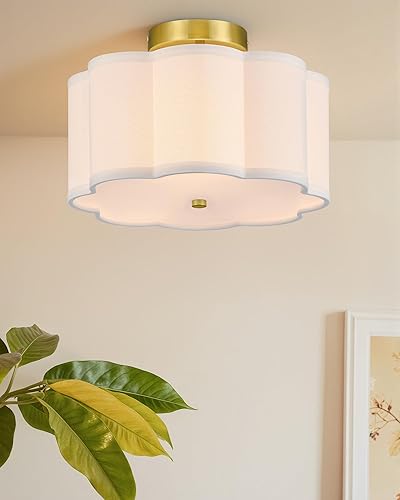 Miniatura 8 de VONLUCE Lámpara de techo semiempotrada, lámpara de techo de 12.6 pulgadas con pantalla de tela en forma de flor, lámpara moderna de 3 luces para