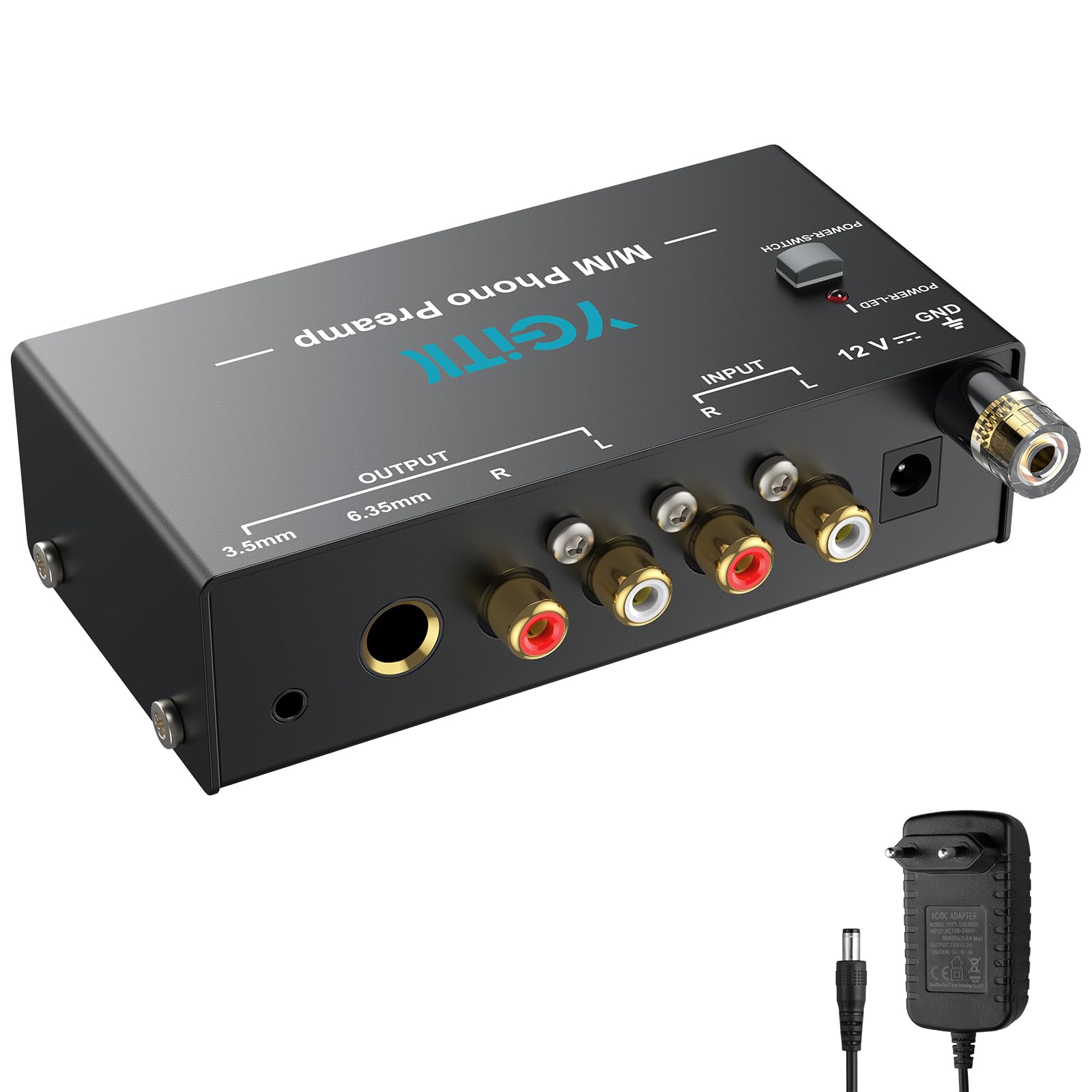 MM Phono Preamplificatore, Mini Preamp Fono DC 12V Audio Stereo per Giradischi a Basso Rumore con Ingresso/Uscita RCA