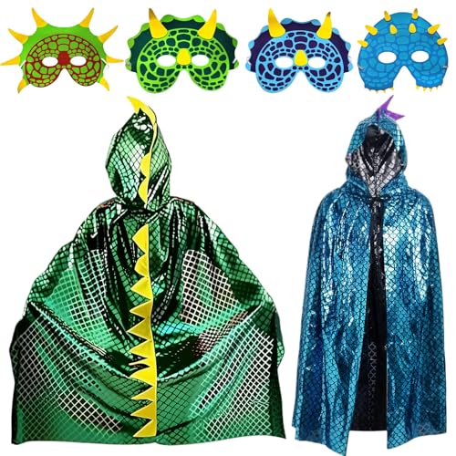 Pluvyze 2 peças disfarce dinossauro criança capa com capuz de dinossauro ideal para o Halloween Natal carnavais cosplay festas temáticas, bailes de disfarces e aniversários, inclui 4 máscaras