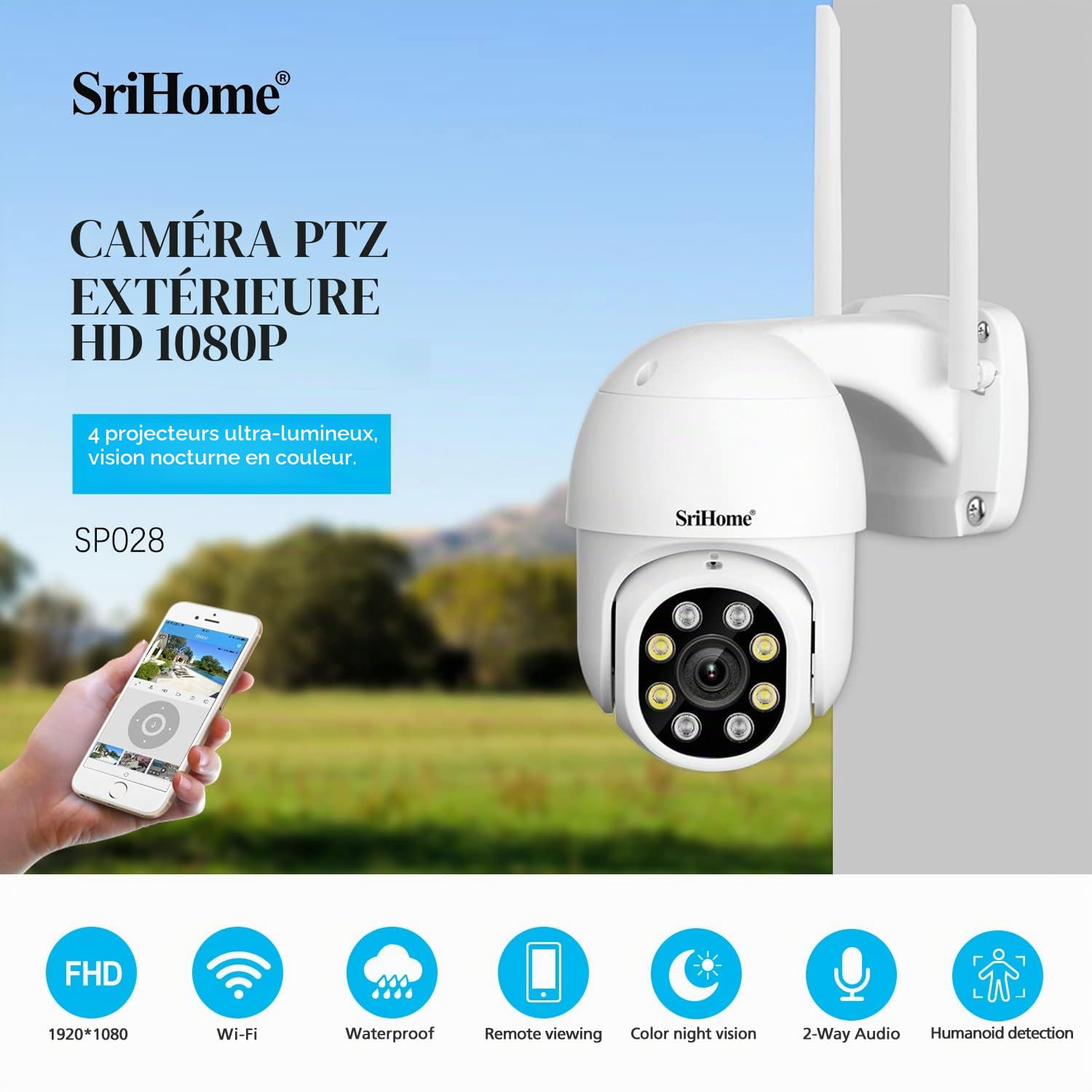 SRIHOME Caméra de Surveillance de sécurité, 1080P WiFi PTZ, Suivi de Mouvement Automatique, Vision Nocturne, IP66 imperméable à l’Eau, Audio 2Way