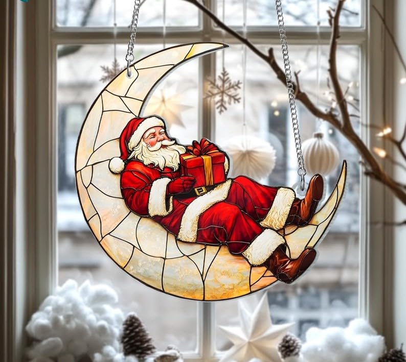 Santa Claus on The Moon Sun Catcher - Christmas Decor for Windows - Cute Xmas Gift - Indoor Hanging Decor - Winter Window Decor