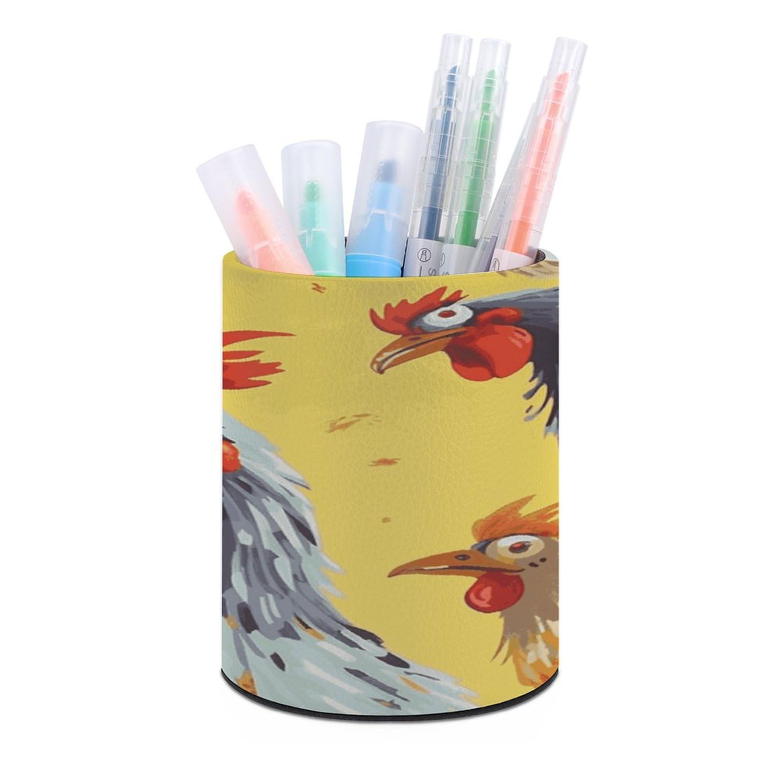 FekiLoot Art Chicken Painting Pen Holder Cup Fashion PU Leather Pencil Cup Minimalist Pen Organizer Round Pencil Holder Stand Work Locker Accessories for Decoration Desk Office Home