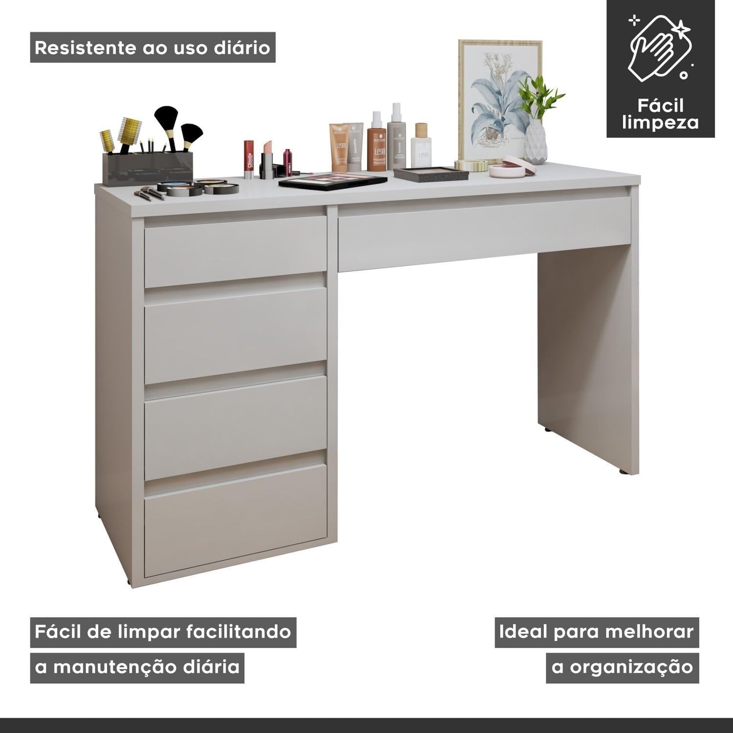 Giulia dressing table with icons indicating resistance to daily use and easy cleaning.