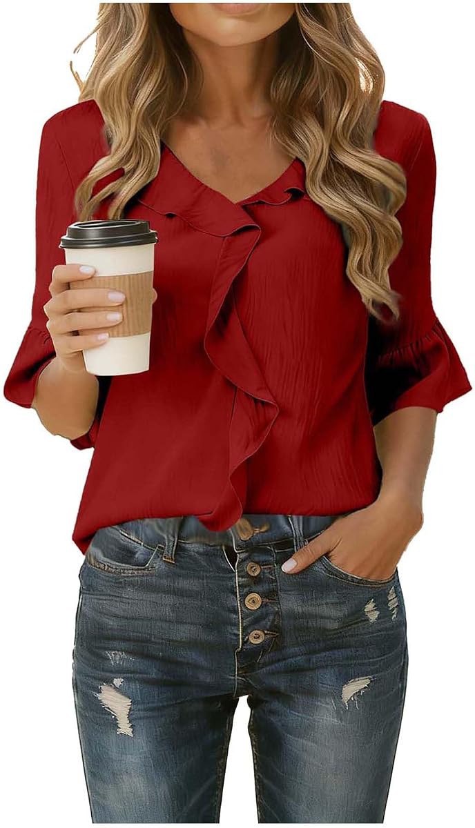 Womens Blouses Ruffle Sleeve Tops V Neck Shirts Casual Bell Sleeve Cute Tee Spring Summer Fashion Clothes Outfits