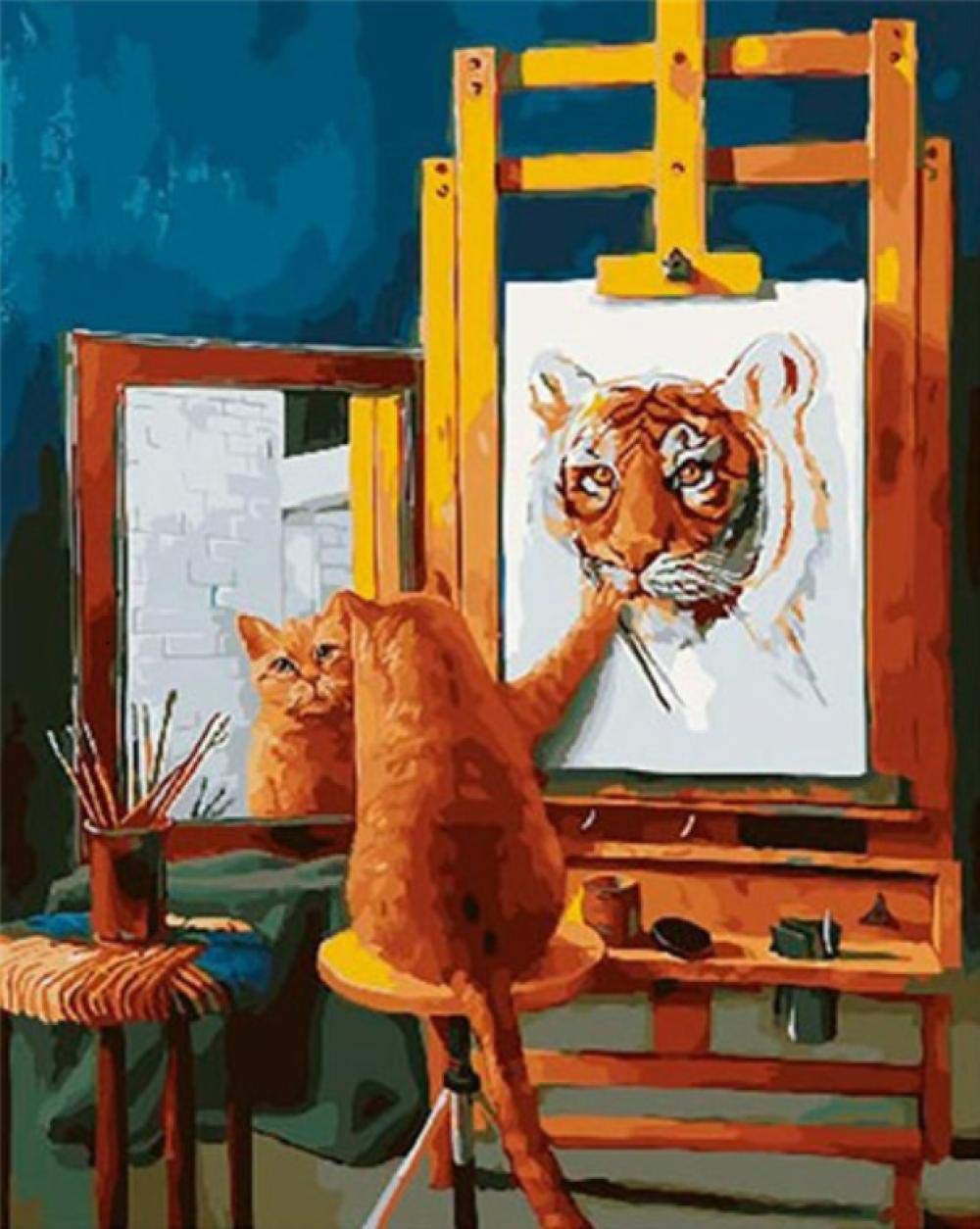 Peinture par numéros chat tigre animal kit de peinture sur toile de lin