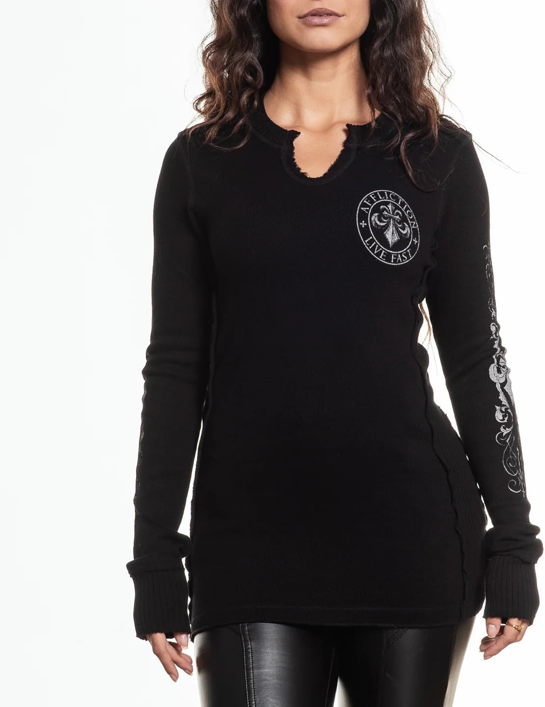 Affliction Women's Long Sleeve Thermal Shirt Shirt, Gothic Rock Style with Front Logo, Back Wing Design