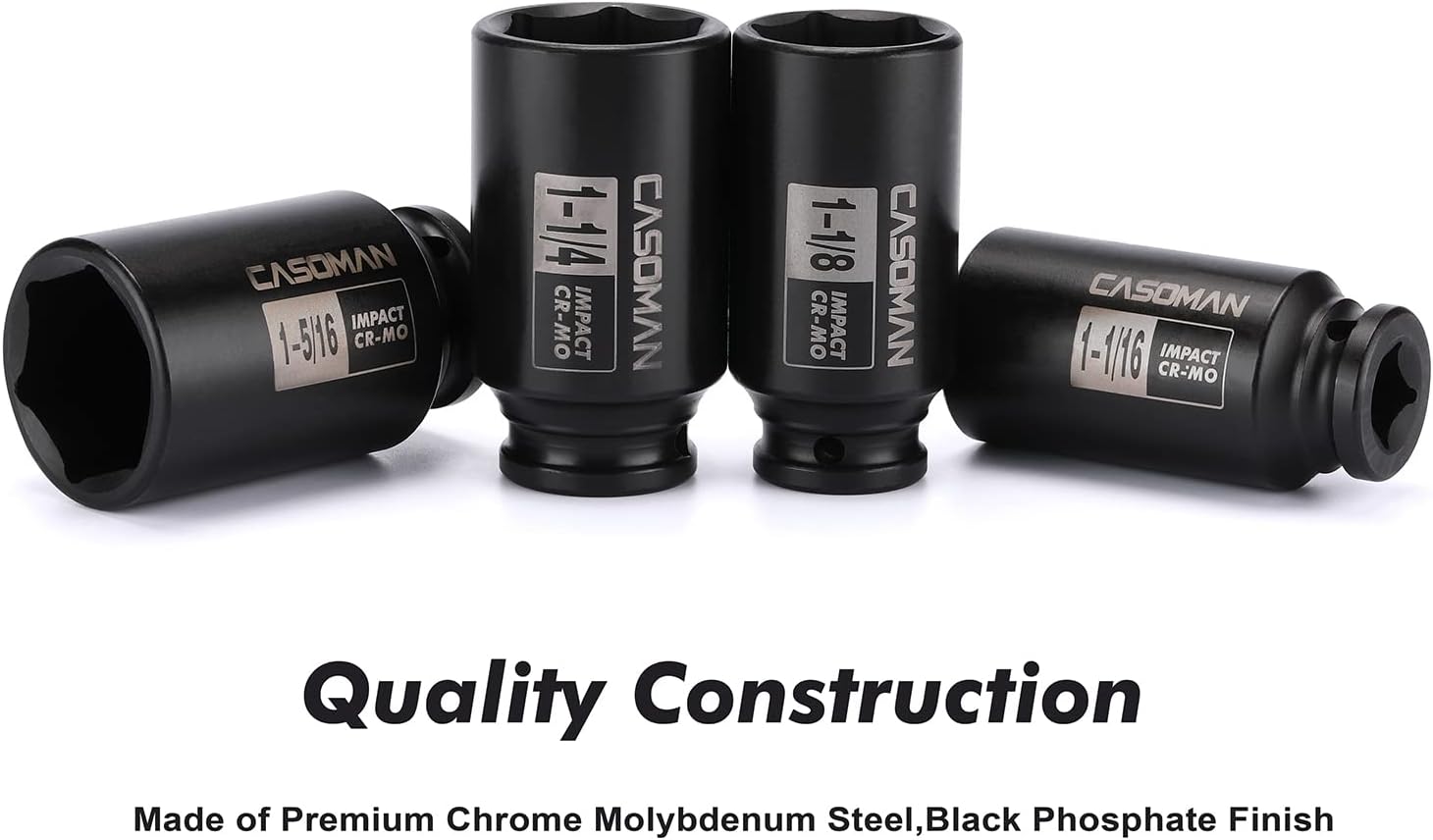 CASOMAN 1/2-Inch Drive Deep Spindle Axle Nut Impact Socket Set, 6 Point, CR-MO, SAE, 1" to 1-1/2", 8-Piece 1/2" Dr. Deep Impact Socket Set