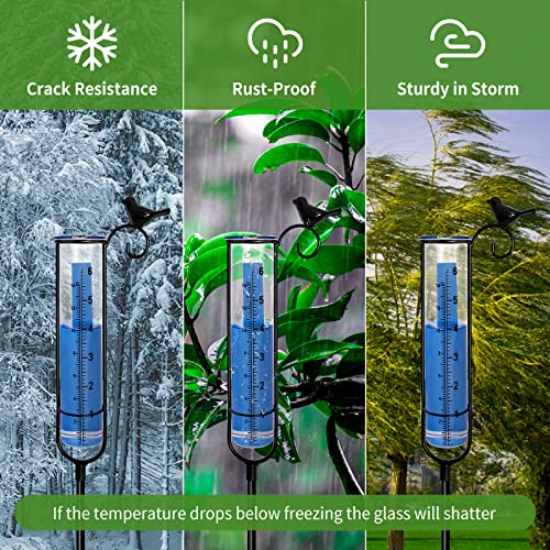 Jowlawn 6" Capacity Rain Gauge Outdoor, Detachable Glass Rain Gauges With L-Shaped Metal Stake - Cast Iron Bird Rain Gage With Tube Brush, Water Rain Meter For Yard, Lawn, Garden, Fence Decoration #TOP3