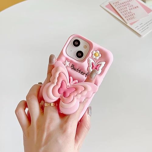 Miniatura 3 de Funda de teléfono de mariposa rosa compatible con iPhone 12 Pro Max, bonita funda de mariposa de dopamina de Corea 3D con soporte telescópico de