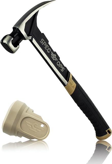 Spec Ops SPEC-M22CF-S Tools Martelo de moldura, 650 ml, ponta rasgada, face moída, cabo macio com absorção de choque, 3% doado a veteranos, preto/marrom