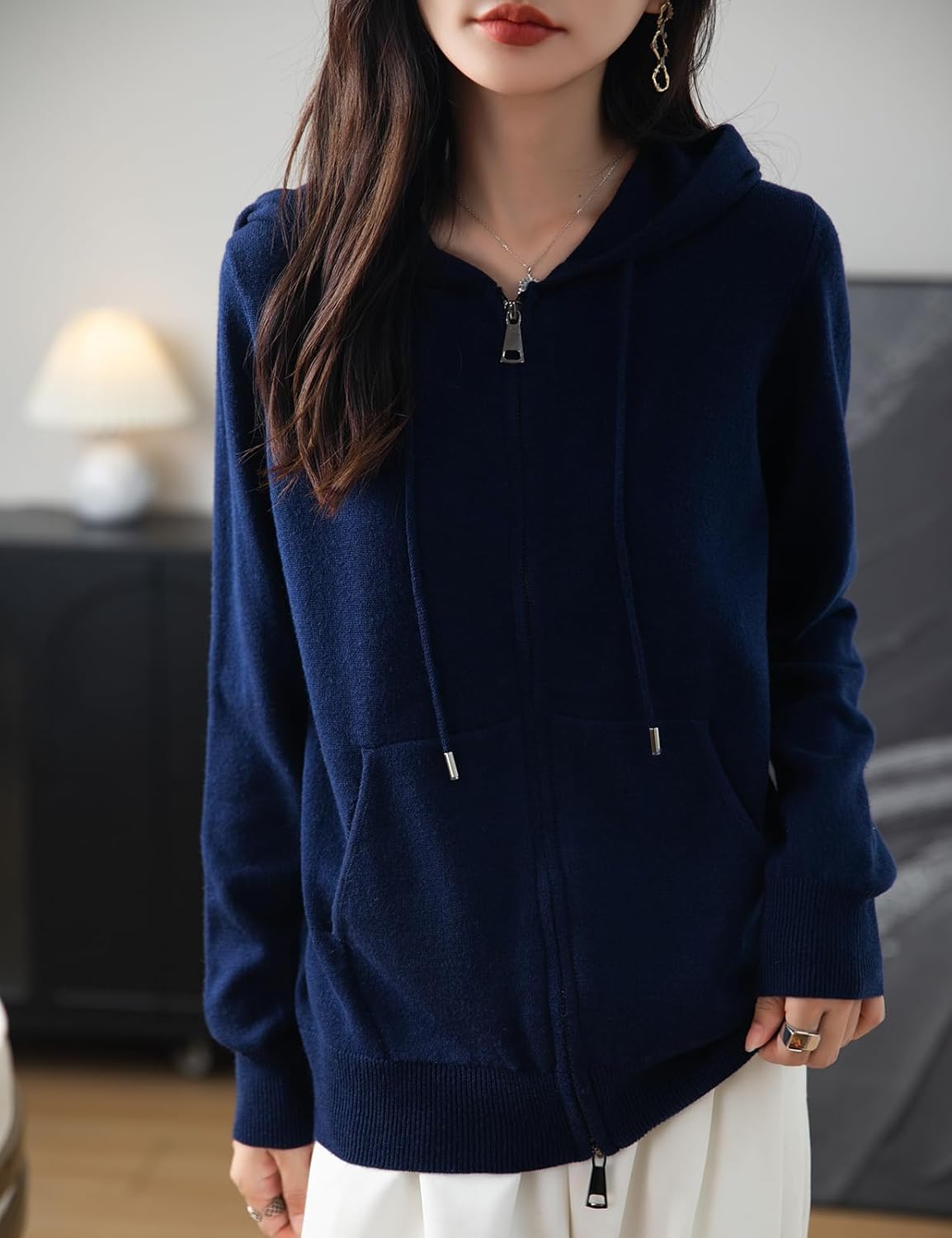 Women's Merino Wool Blend Cardigan 2025 Fall Winter Zipper Sweatshirt Crew Neck Long Sleeve Knit Hooded Cardigan - Image 3