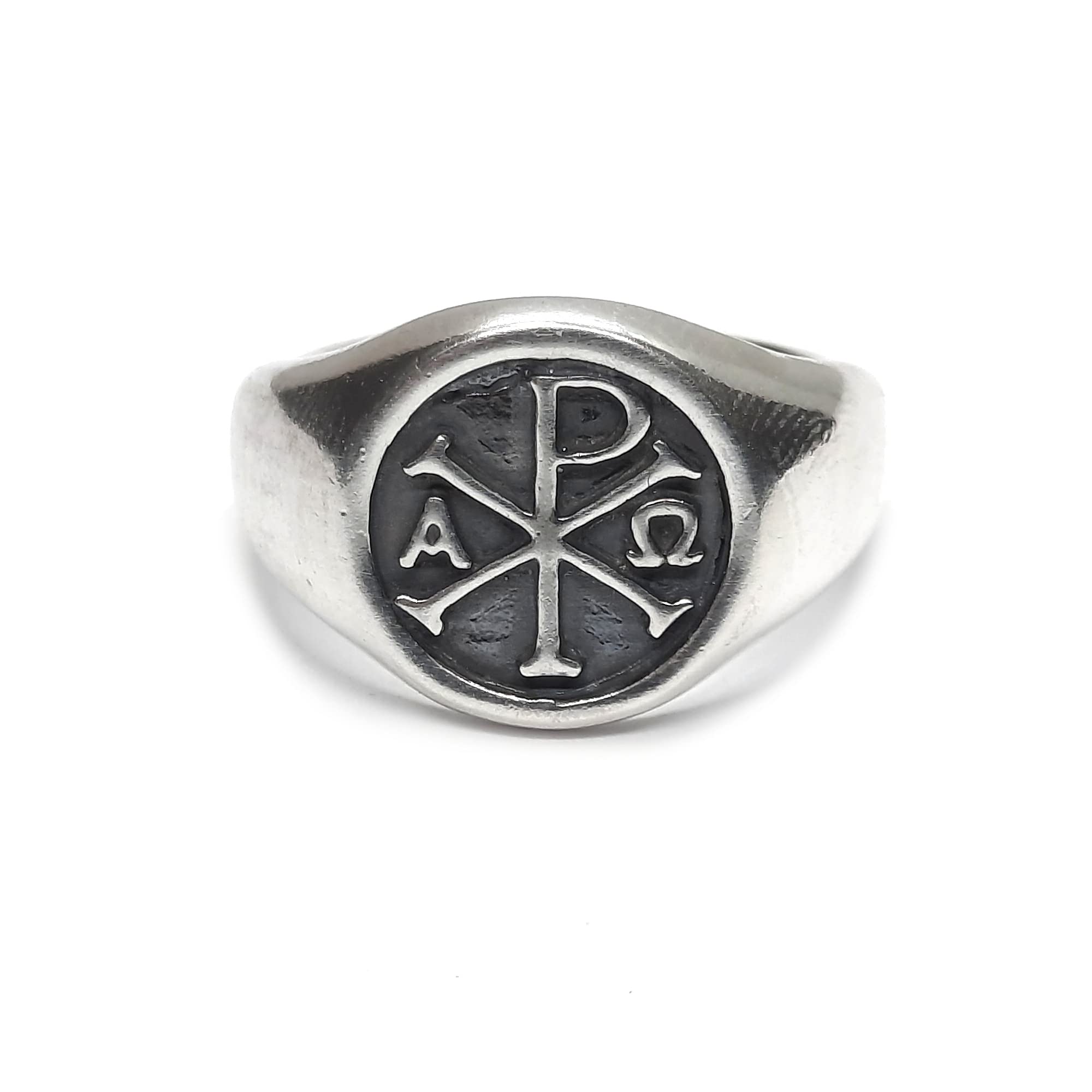 Anello da uomo in argento sterling Chi Rho Alpha Omega massiccio con marchio di garanzia 925