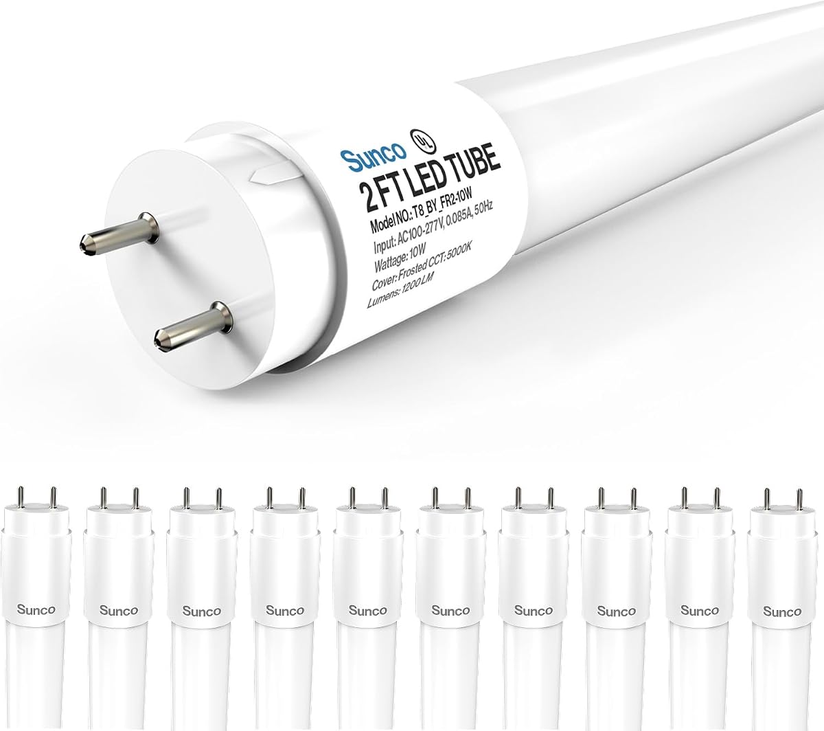 Sunco 10 Pack 2 Foot T8 LED Tube Light Bulbs, 10W, 5000K, Ballast Bypass | 1200LM, Clear Lens, Daylight, Non-Dimmable Single-Ended Power, 24 Inch Fluorescent Bulb Replacement, Type B, Retrofit