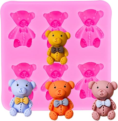 Lindo oso de peluche 3D con moño, molde de silicona para hacer dulces, postres de goma de mascar, pudín de cristal, decoración de pasteles,