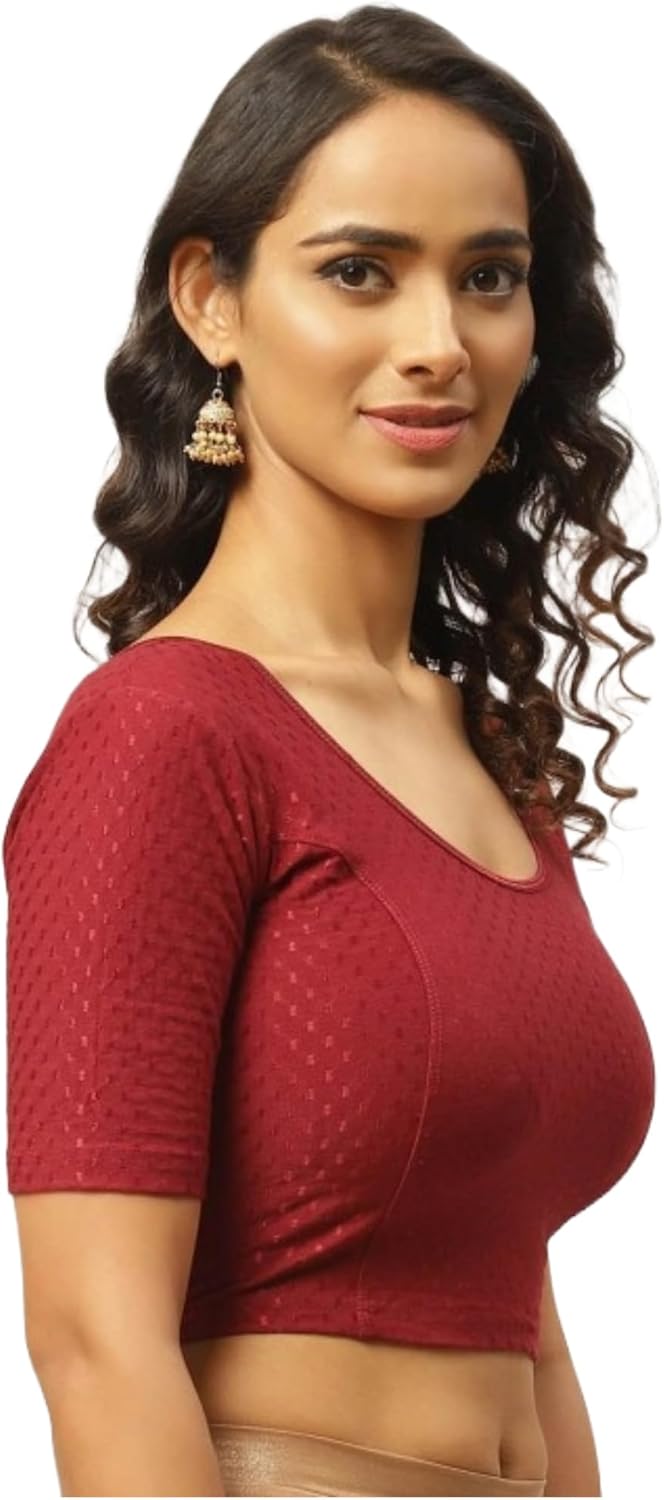 Round Neck Pure Dobby Cotton Stretchable Elbow Sleeve Readymade Saree Blouse for Women Stylish (208_lightmaroon_3XL) - Image 4
