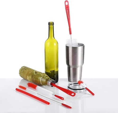 Miniatura 7 de ALINK Juego de 5 cepillos de limpieza para botellas rojas, cepillo largo y grande para cuello estrecho, botellas de vino, cerveza, frasco, termo,