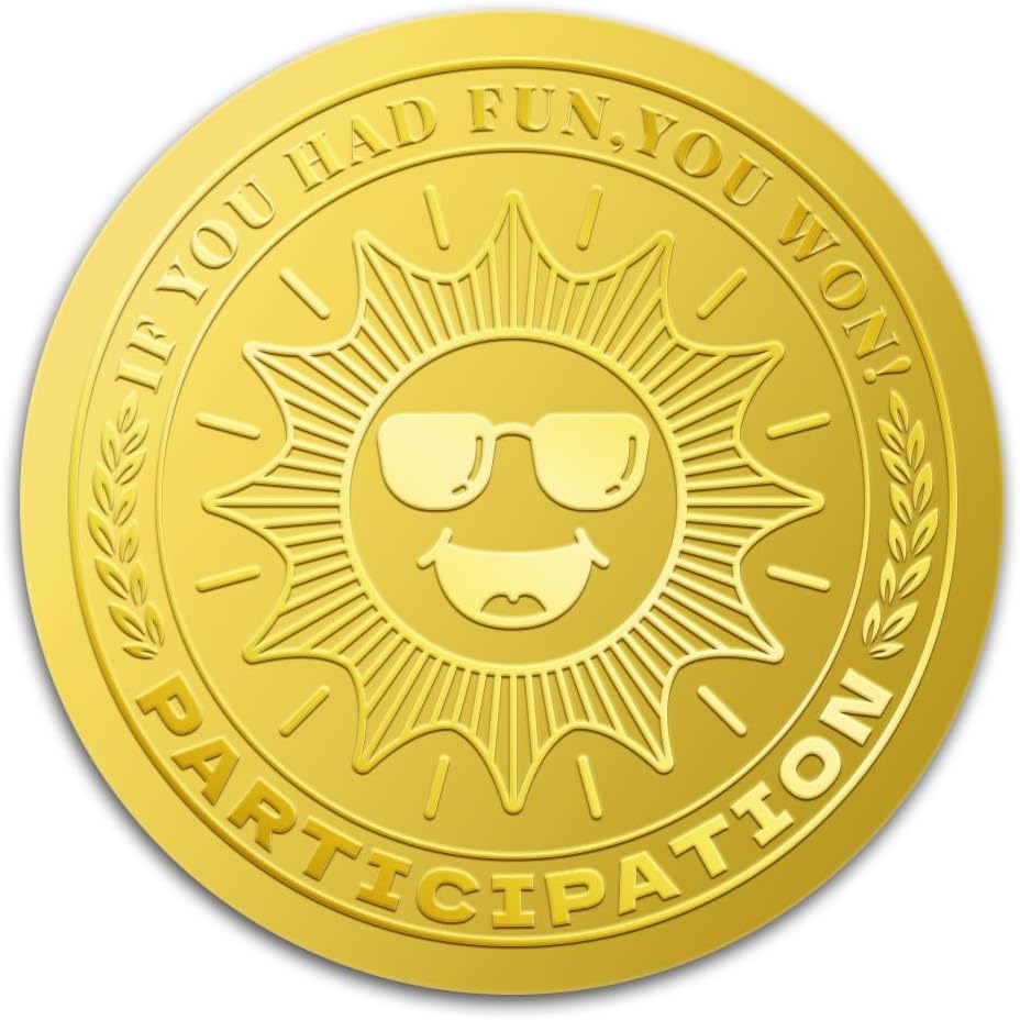WADORN 100Pcs Participation Gold Foil Stickers, 2 Inch If You Had Fun You Won Embossed Envelope Seals Round Self Adhesive Sun Certificate Seal Labels for DIY Sport Competition Tournaments Team Prize