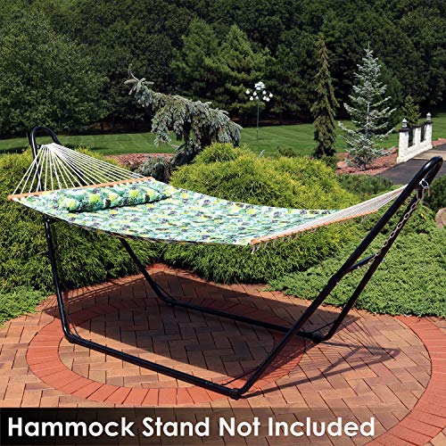 Sunnydaze 2-Person Quilted Printed Fabric Spreader Bar Hammock And Pillow - Large Modern Cloth Hammock With Metal S Hooks And Hanging Chains - Heavy Duty 450-Pound Weight Capacity - Tropical Greenery #TOP6