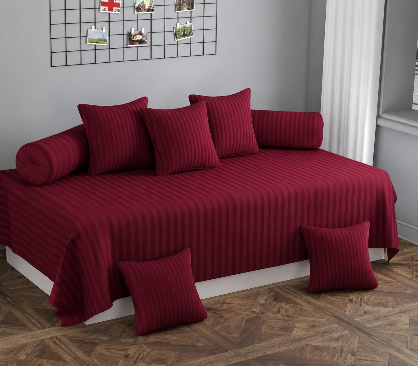 Luxury Satin Diwan Set with 1 Single Bedsheet 60x90 inch 5 Cushion Covers 16x16 inch & 2 Bolster Covers | Premium Diwan Bedsheet Set for Living Room Home Decor(Maroon)-image-19