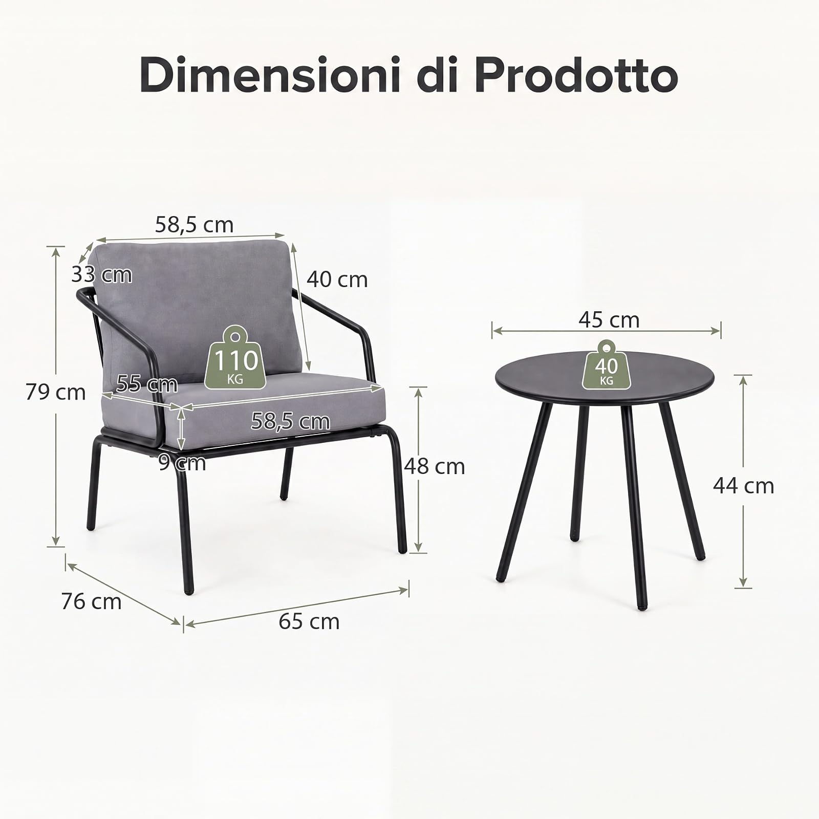 COSTWAY Set 3 Pezzi da Bistrò con Struttura in Metallo e Cuscini Morbidi | Set di Mobili da Esterno con Tavolino Rotondo e 2 Sedie, Piedini Regolabili per Balcone, Cortile e Terrazza